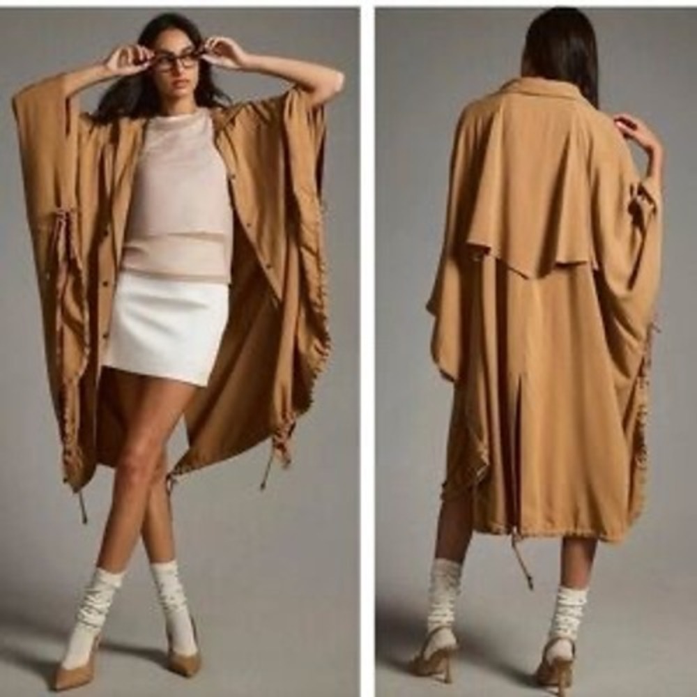 Pilcro Anthro Poncho Cape‎ Women's OS Tan Drawstring Snap Front Sidetie Utility